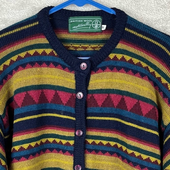 Vintage BRITISH WOOL NATURALLY Striped Button Up Cardigan Fair Isle Large Yellow - Picture 6 of 14